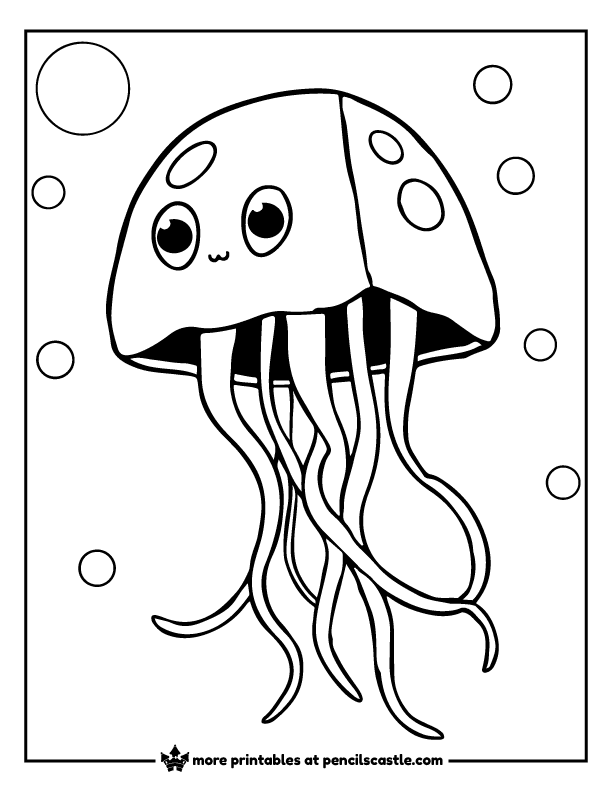 Box jellyfish surrounded by ocean bubbles coloring page
