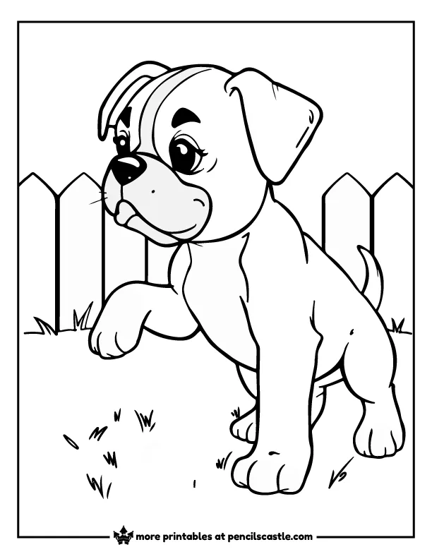 Boxer puppy with one paw raised exploring the yard coloring sheet
