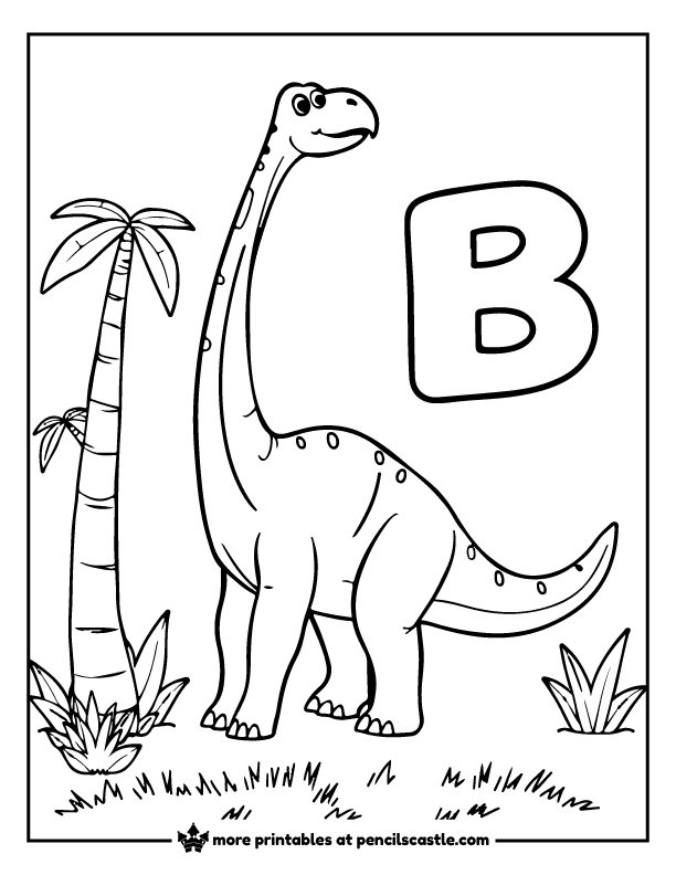 Brachiosaurus standing next to letter B and a tree coloring page