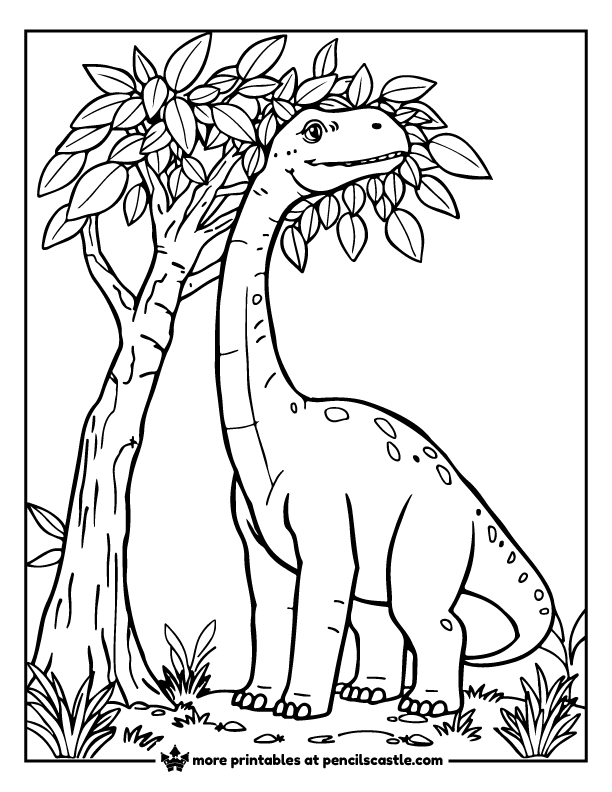Brachiosaurus reaching for leaves on a giant tree coloring page