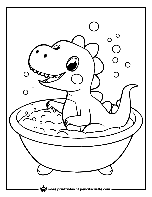 cute dinosaur enjoying a bubbly bath in a tub coloring page