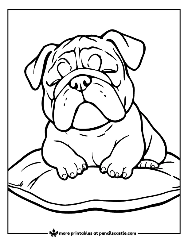 Bulldog puppy taking a nap on a comfy pillow coloring sheet