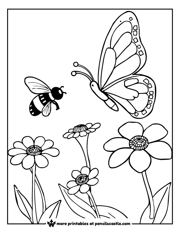 butterfly flying near a bee surrounded by blooming flowers coloring page