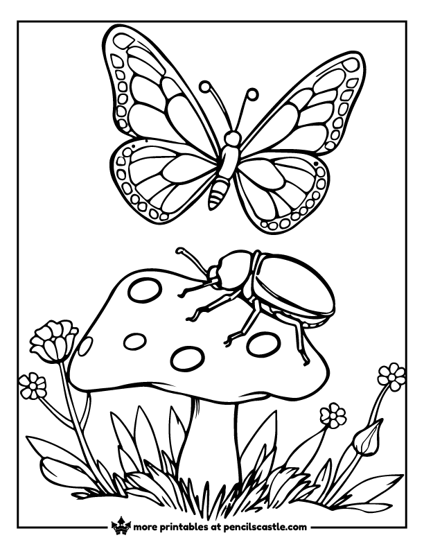 butterfly flying above a beetle on a mushroom coloring page