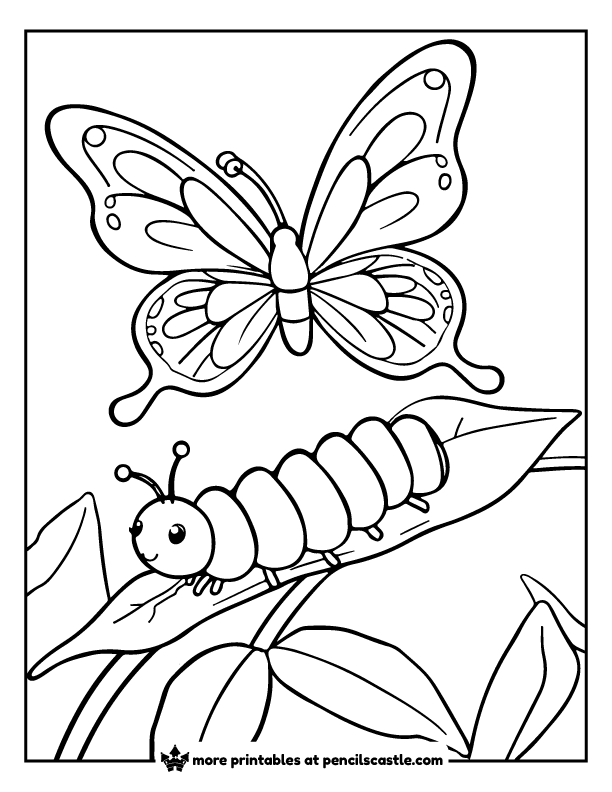 butterfly flying above a cute caterpillar crawling on a leaf coloring page