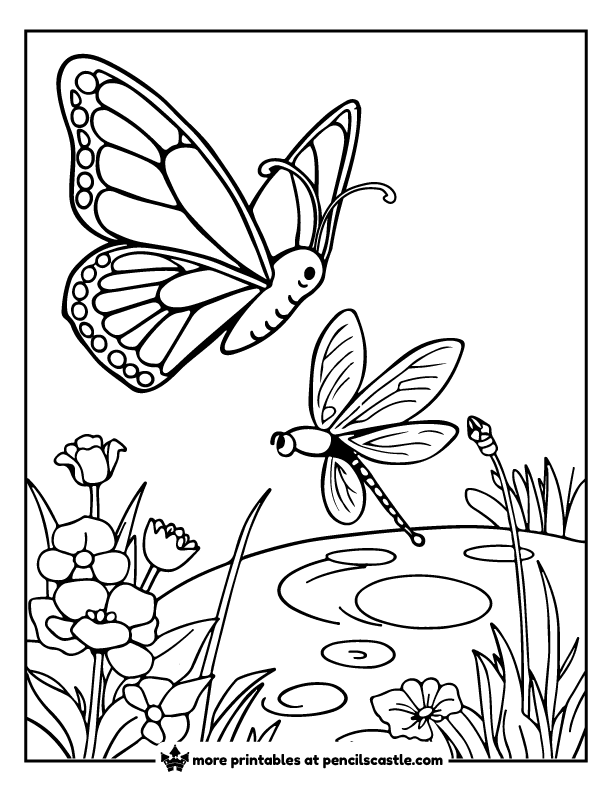 butterfly and dragonfly flying over a pond coloring page