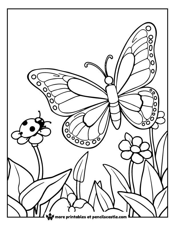 butterfly with ladybug friend in the garden coloring page