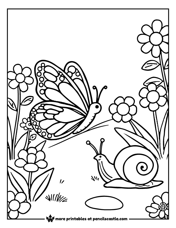 butterfly flying near a snail on the ground, surrounded by blooming flowers coloring page