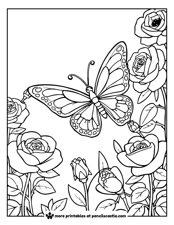 butterfly surrounded by blooming roses coloring page