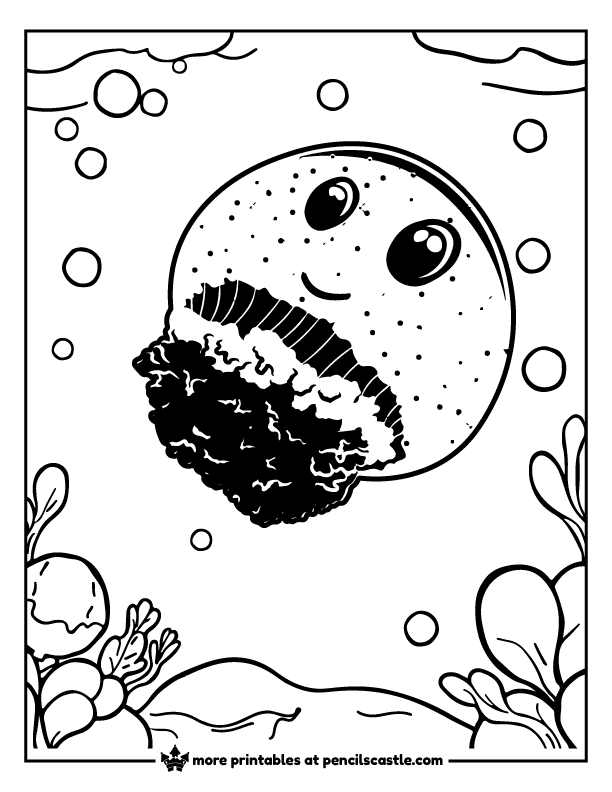 Cannonball jellyfish floating with bubbles and sea plants coloring page