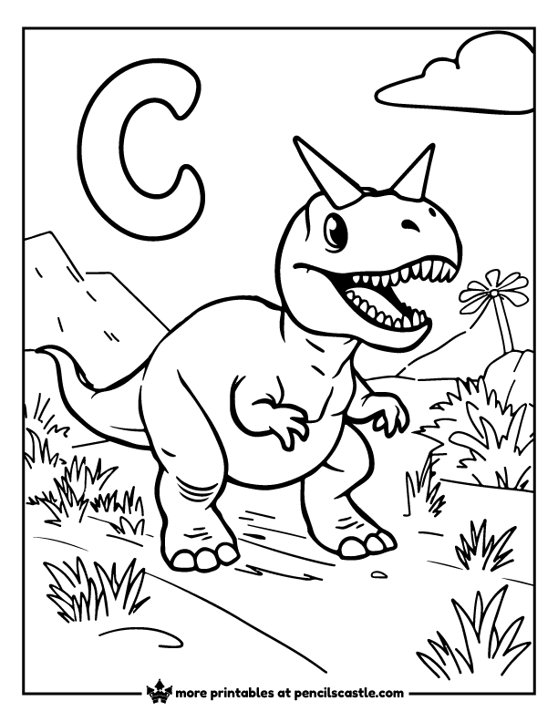 Carnotaurus next to the letter C with mountains and grass coloring page