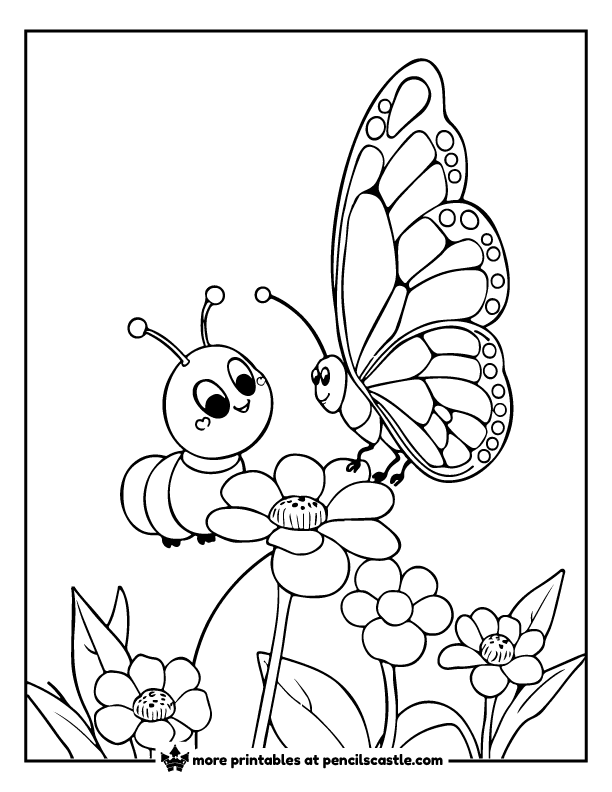 Caterpillar meeting a butterfly in a flower garden coloring sheet