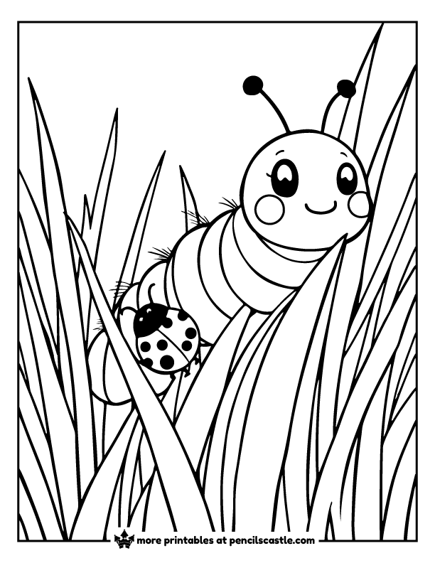 Caterpillar and ladybug hiding in tall grass coloring sheet