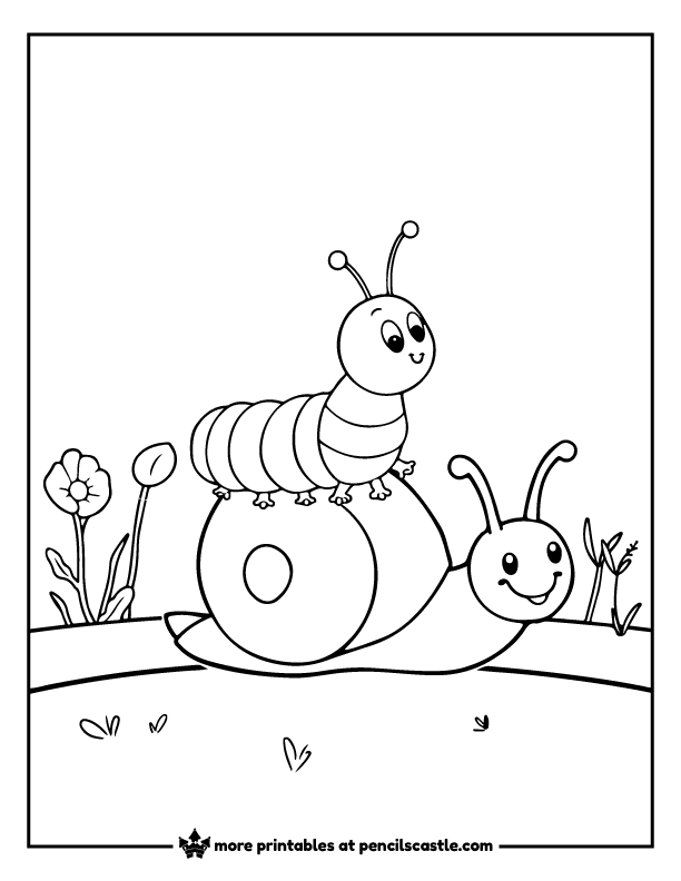 Caterpillar riding on a snail coloring page
