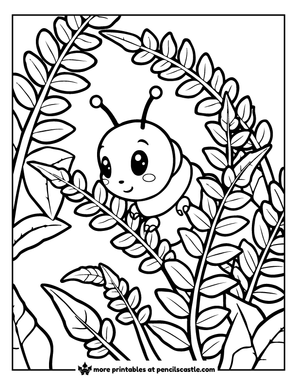 caterpillar peeking out from behind leafy ferns coloring sheet