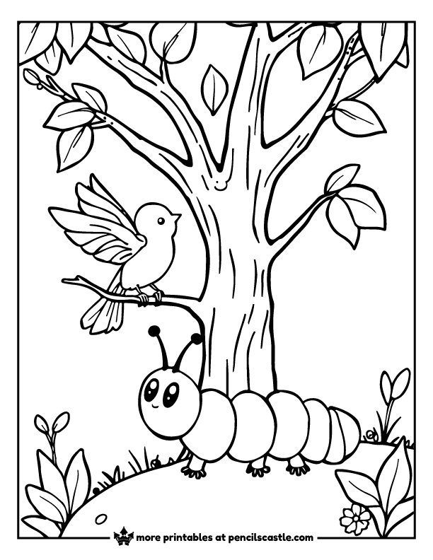 Caterpillar watching a bird on a tree coloring sheet