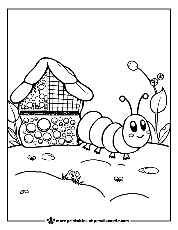 Caterpillar next to a bug hotel coloring page