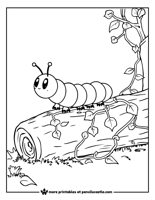 caterpillar walking across a log wrapped in vines coloring page