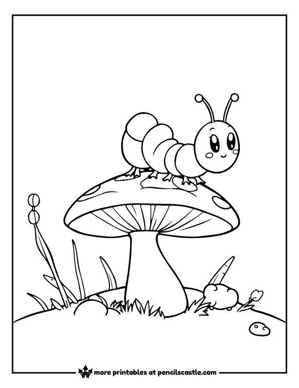 Caterpillar crawling on a mushroom coloring sheet