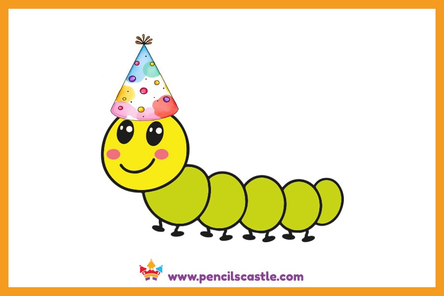 Caterpillar drawing in a party hat