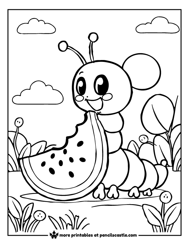 Caterpillar eating a watermelon slice coloring sheet