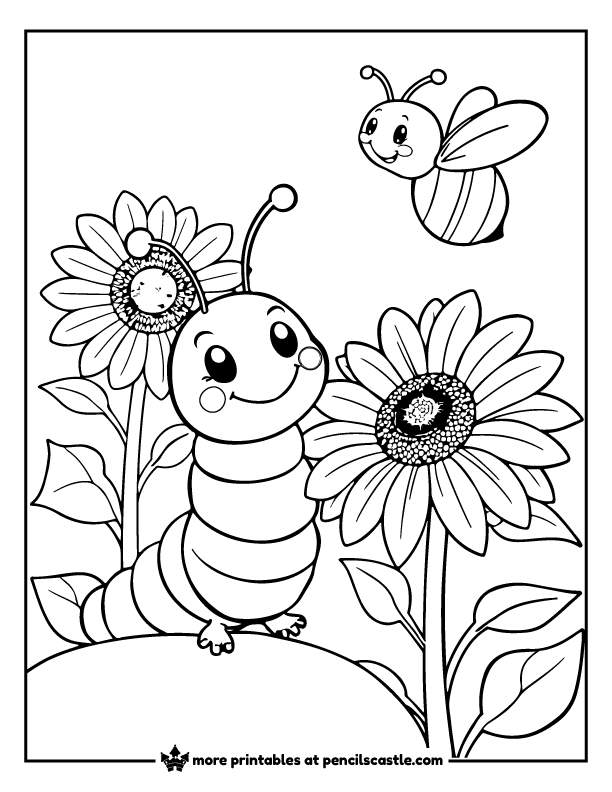Caterpillar and smiling bee in a sunflower garden coloring page