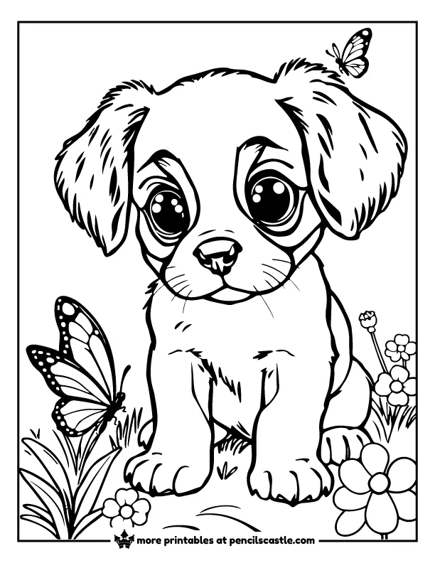 Cavalier King Charles Spaniel puppy with butterflies and flowers coloring sheet