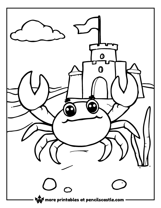 Crab walking sideways near a sand fortress coloring page