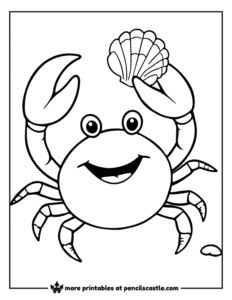 Smiling crab holding a seashell in its pincer coloring page