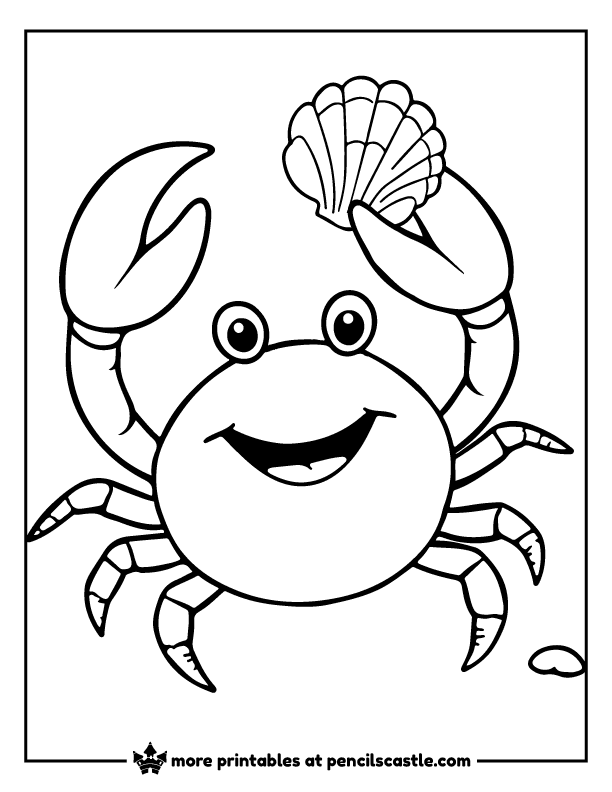 Smiling crab holding a seashell in its pincer coloring page