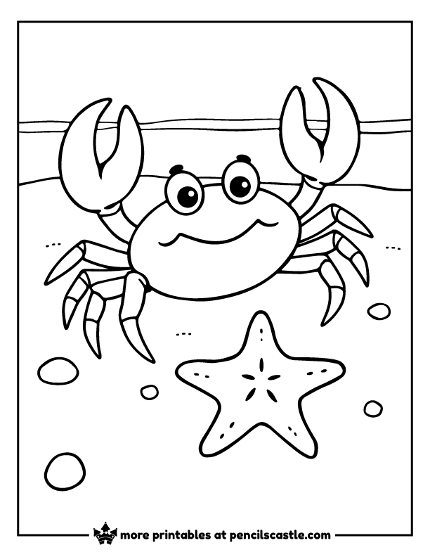 Curious crab watching a starfish at the sandy beach coloring sheet