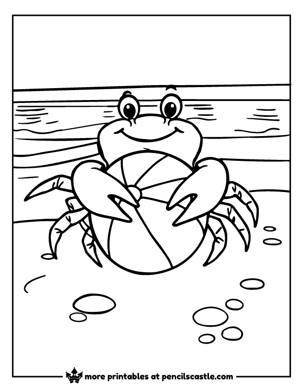 Cheerful crab holding a beach ball with its claws coloring page