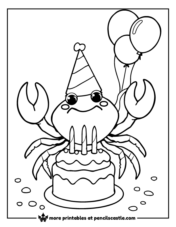 Crab in a party hat with a birthday cake and balloons coloring sheet