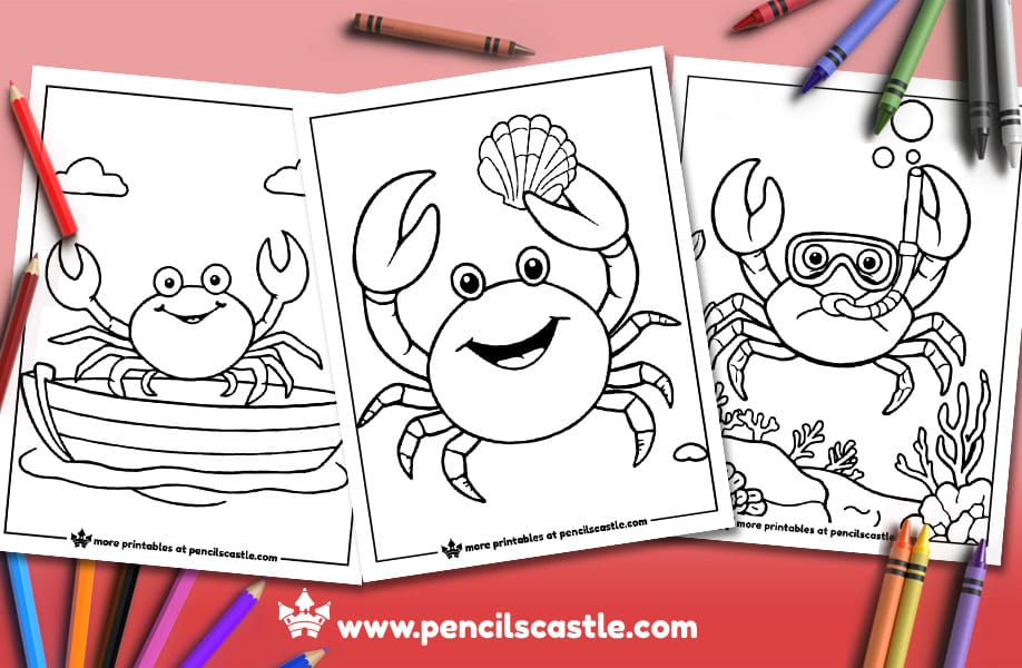 three crab coloring pages surrounded by colored pencils and crayons