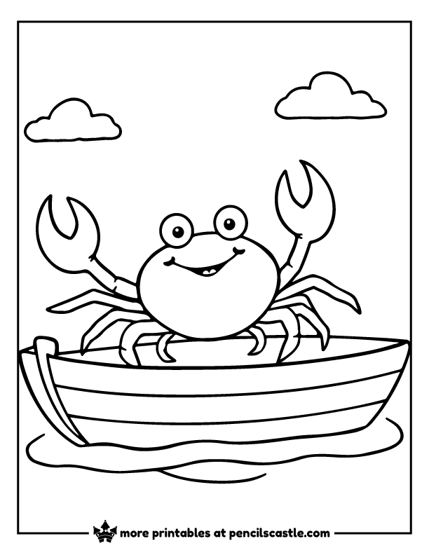 smiling crab sitting in a rowboat under the clouds coloring page