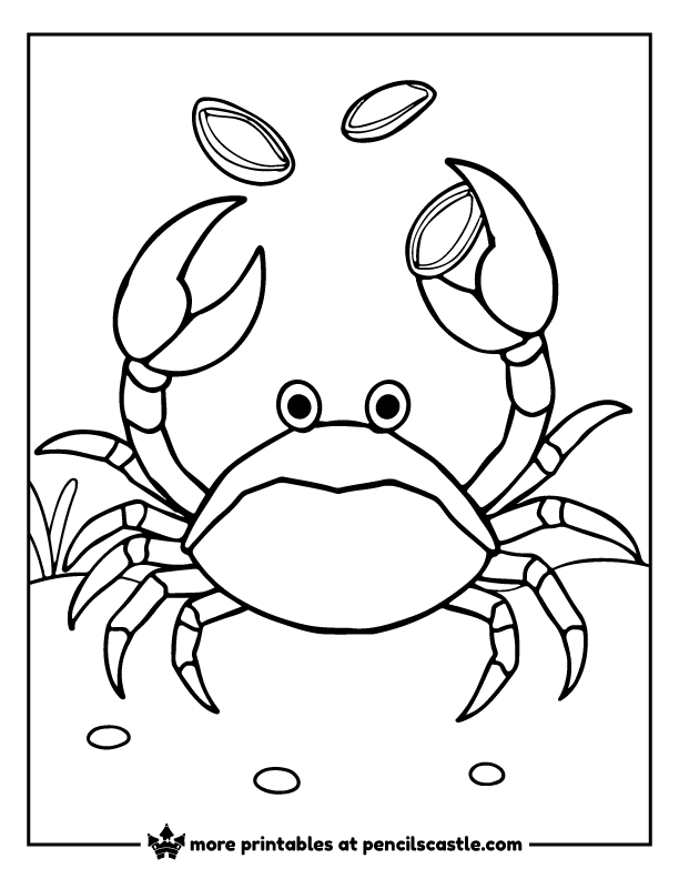 Crab juggling three oysters with its claws coloring page