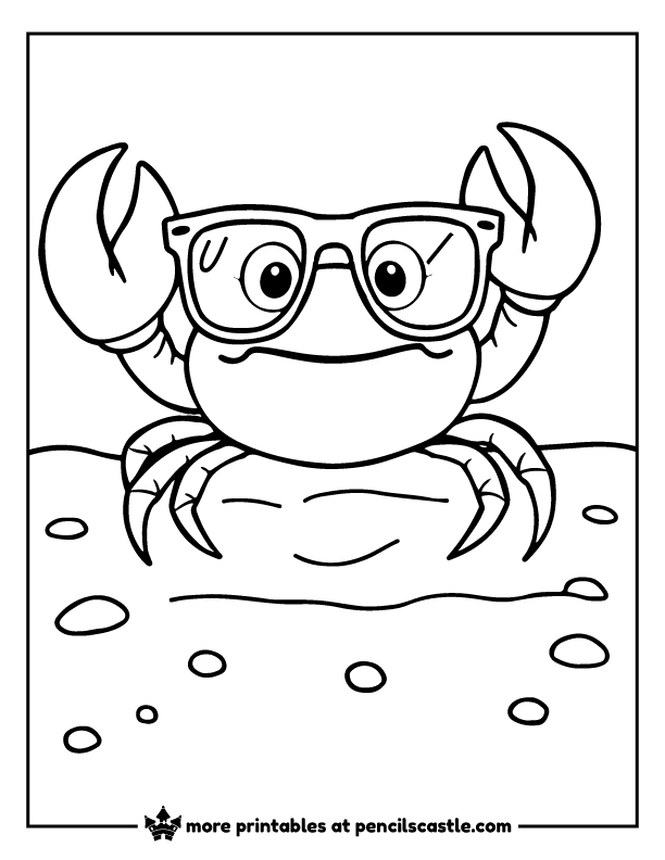 Crab wearing oversized glasses on the sand coloring page