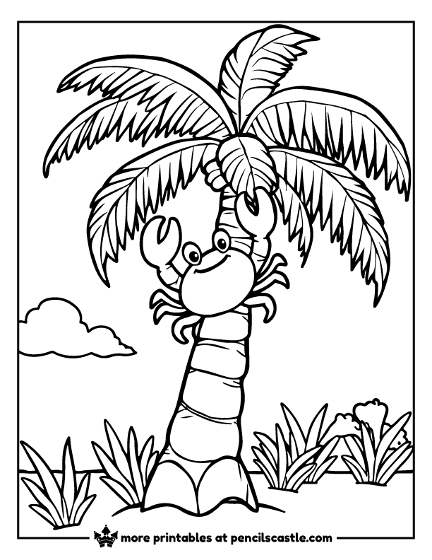Funny crab climbing high onto a tropical tree coloring page