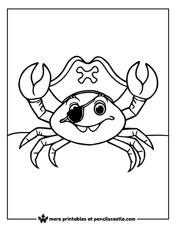 Pirate crab wearing an eyepatch and hat coloring page