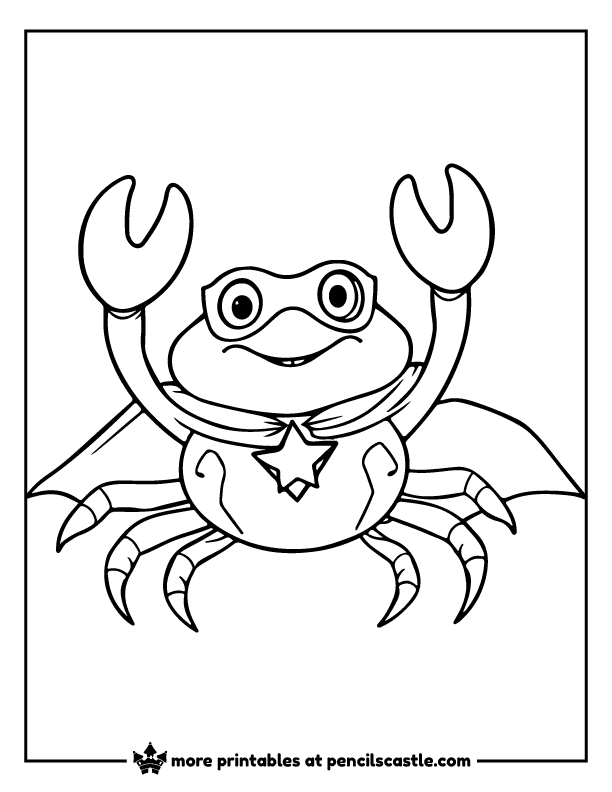 Crab wearing a superhero cape and mask coloring sheet
