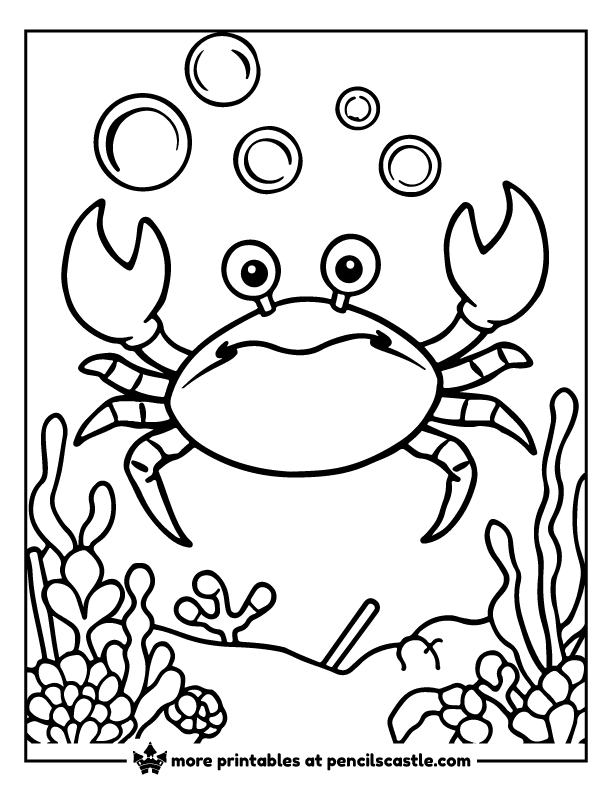 Smiling crab floating with bubbles in a coral reef coloring page