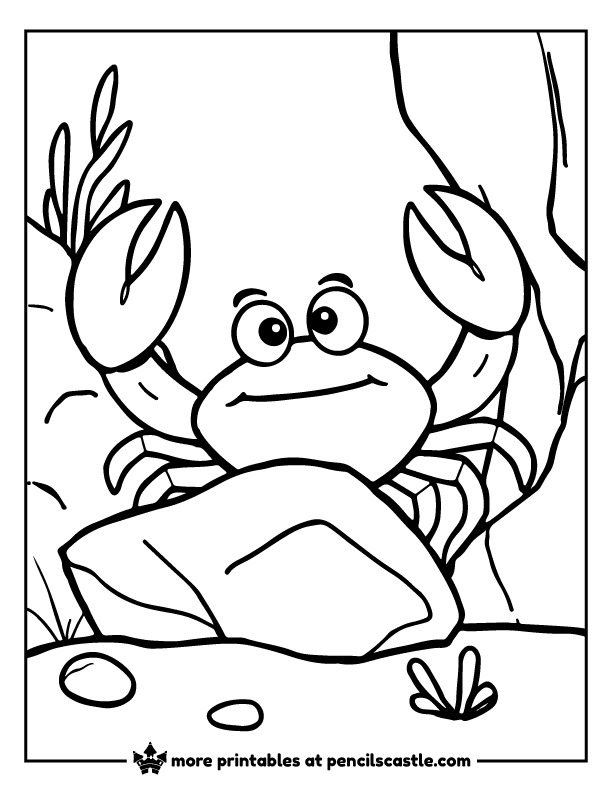 Shy crab hiding behind an ocean rock coloring page