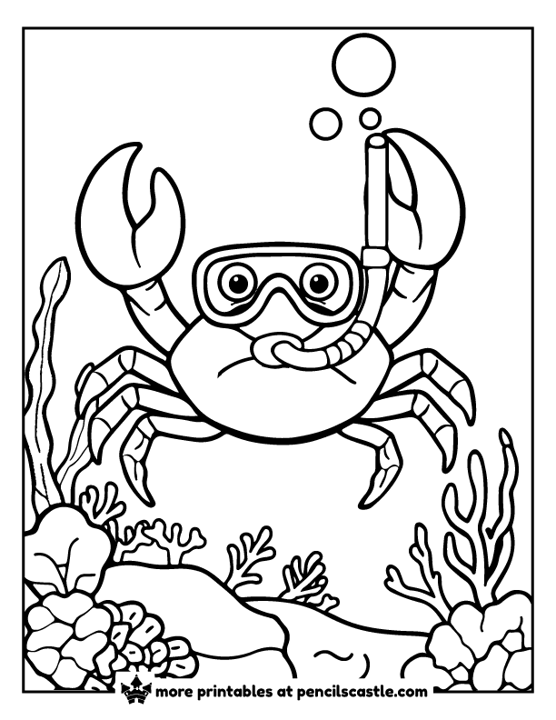 Crab wearing a snorkel and mask underwater coloring page