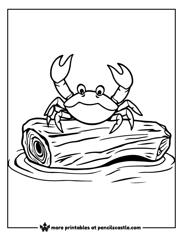 Crab resting on a floating wood log coloring page