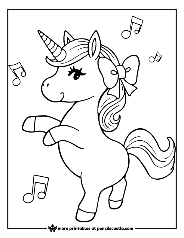cute unicorn wearing a bow, dancing with musical notes coloring page