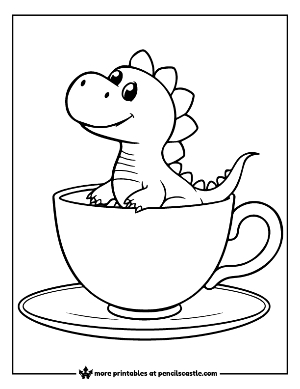 cute baby dinosaur sitting inside a teacup coloring page