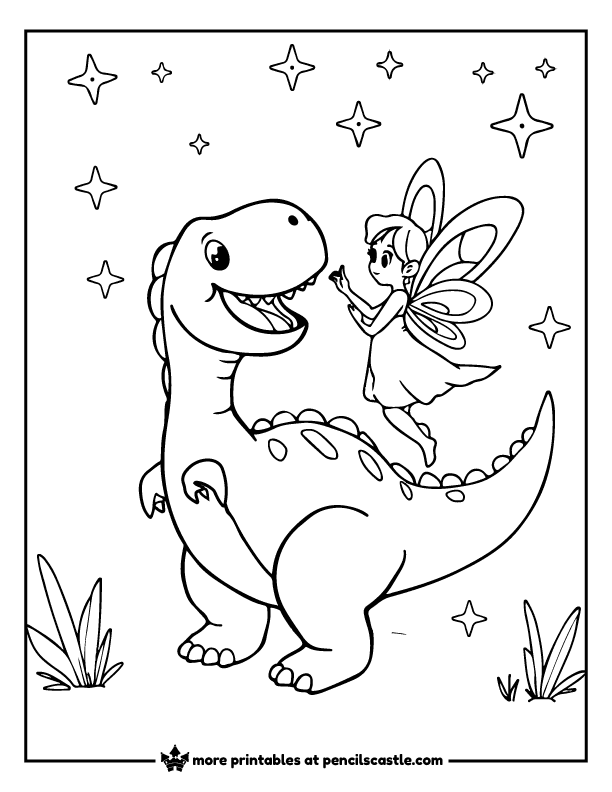smiling dinosaur playing with a fairy, surrounded by sparkles coloring page