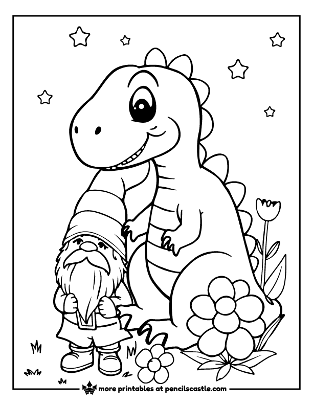 dinosaur next to a gnome with flowers and stars coloring page