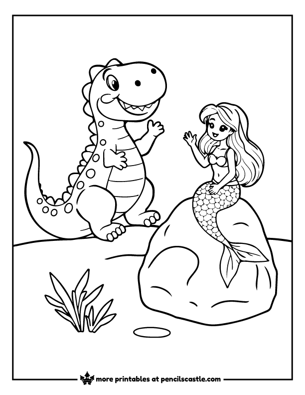dinosaur waving at a mermaid sitting on a rock coloring page