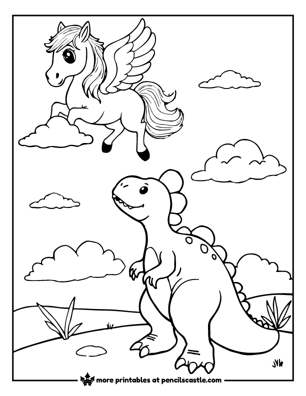 dinosaur watching a Pegasus soar past fluffy clouds coloring page